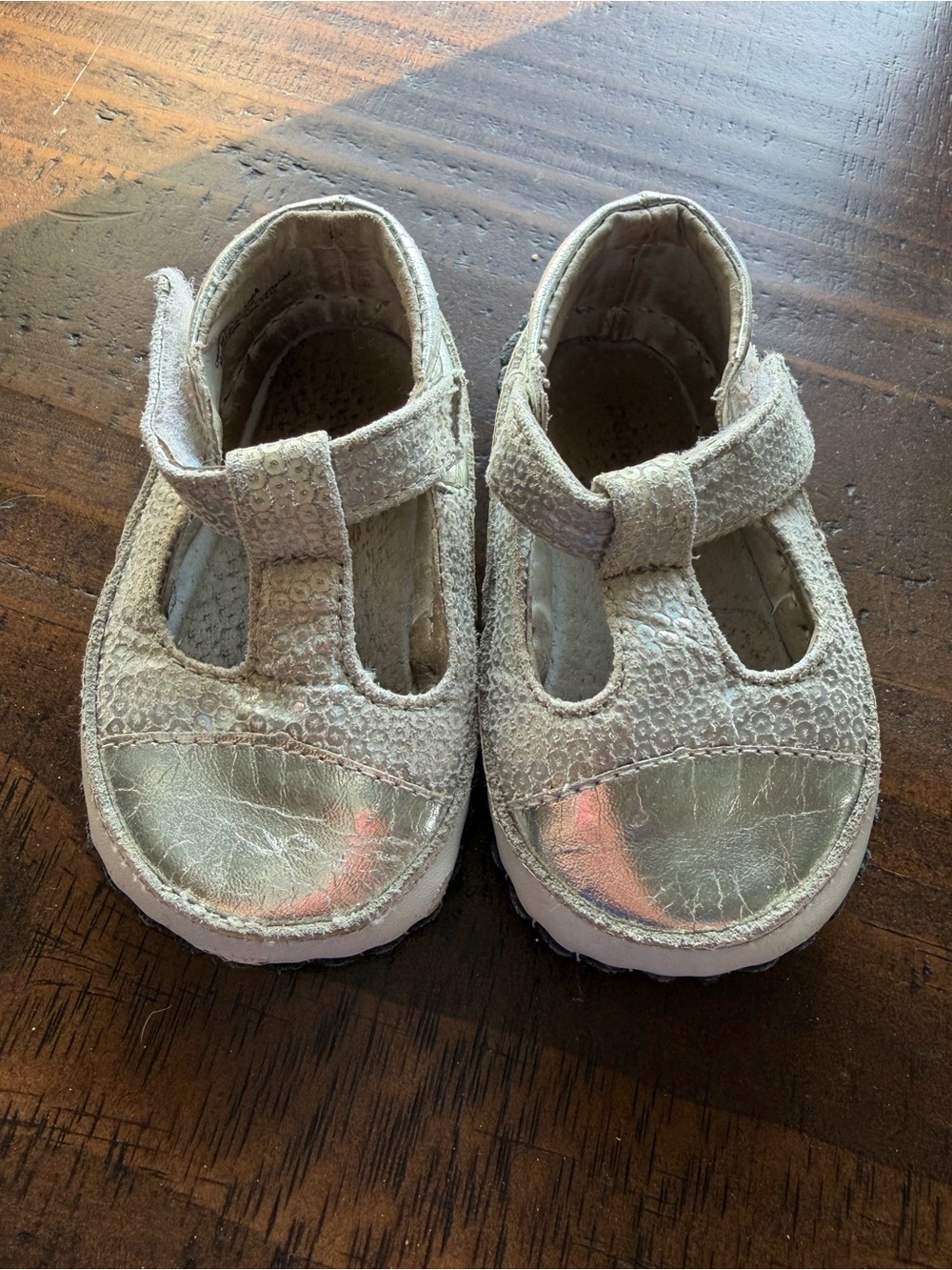 pediped Cream T-Strap Toddler Shoes with Metallic Silver Toe